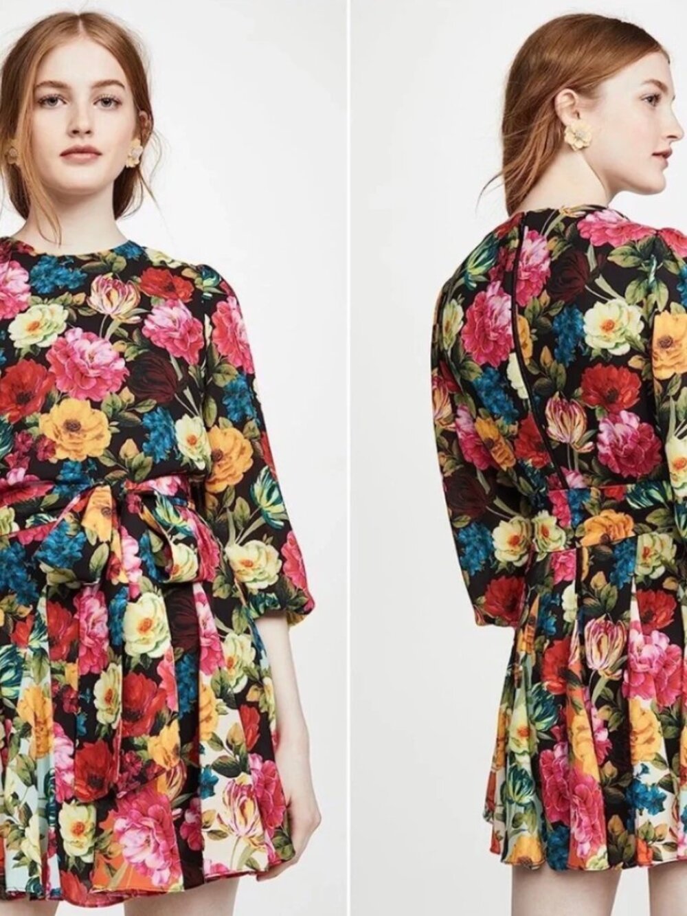 Alice + Olivia Mina Belted Floral puff Sleeve Dress Size 8 CC002P91538